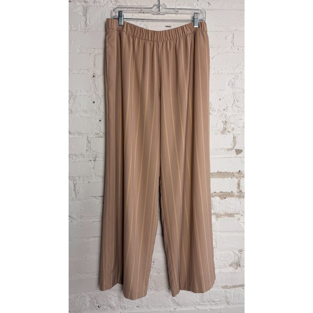 Worthington Striped Wide Leg Pants Medium Tan Pull On Elastic Waist Work Chic